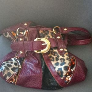 Maroon leopard print gold buckle purse